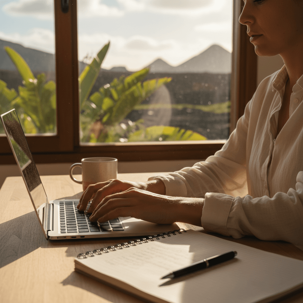 Persona trabajando con un portátil en un escritorio casero con luz natural