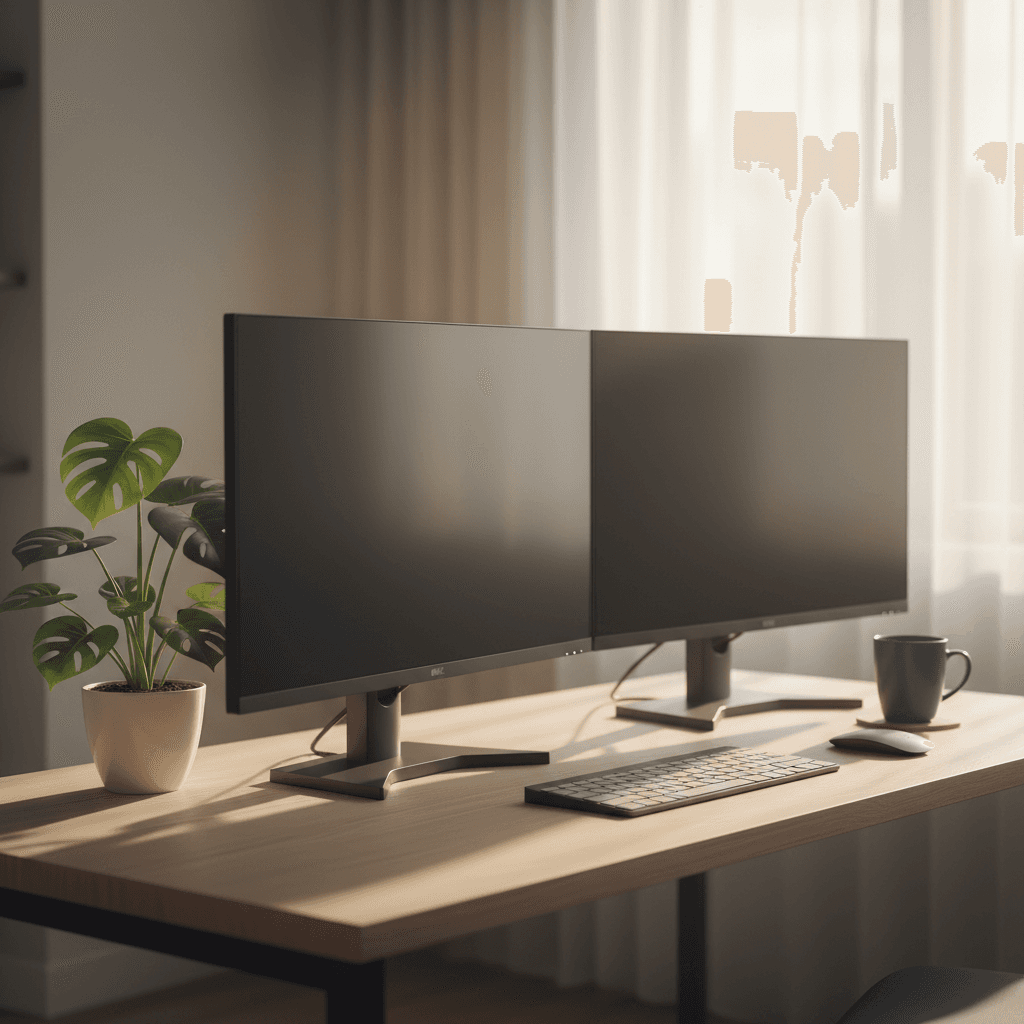 Espacio de trabajo minimalista con dos pantallas y una planta
