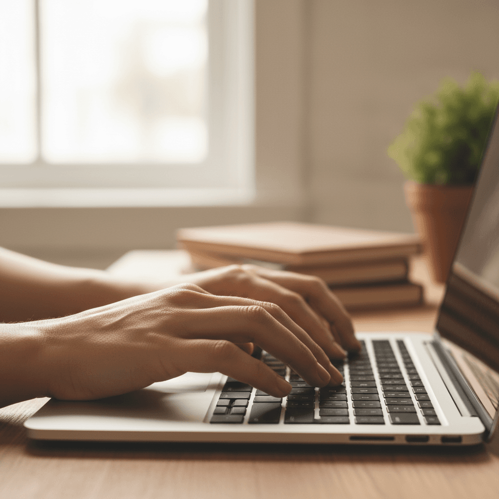 Manos escribiendo en un teclado de portátil en un entorno de oficina en casa