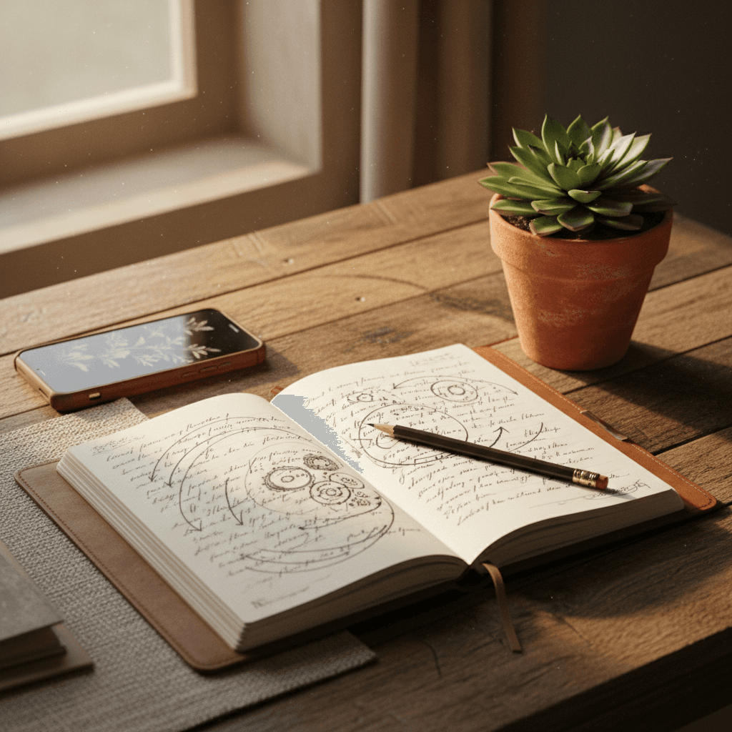 Cuaderno con anotaciones y plan de estudio sobre un escritorio de madera