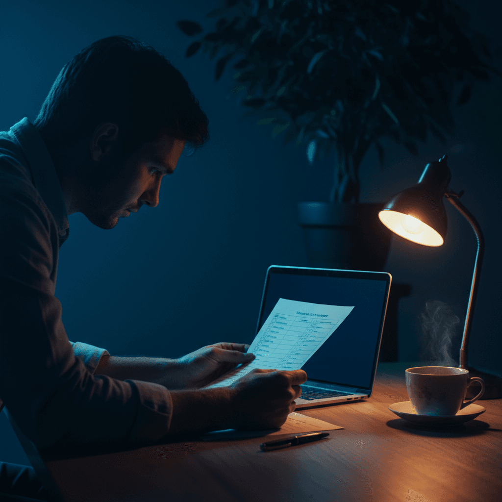 Persona revisando una lista de tareas junto a un ordenador portátil en un escritorio con luz tenue
