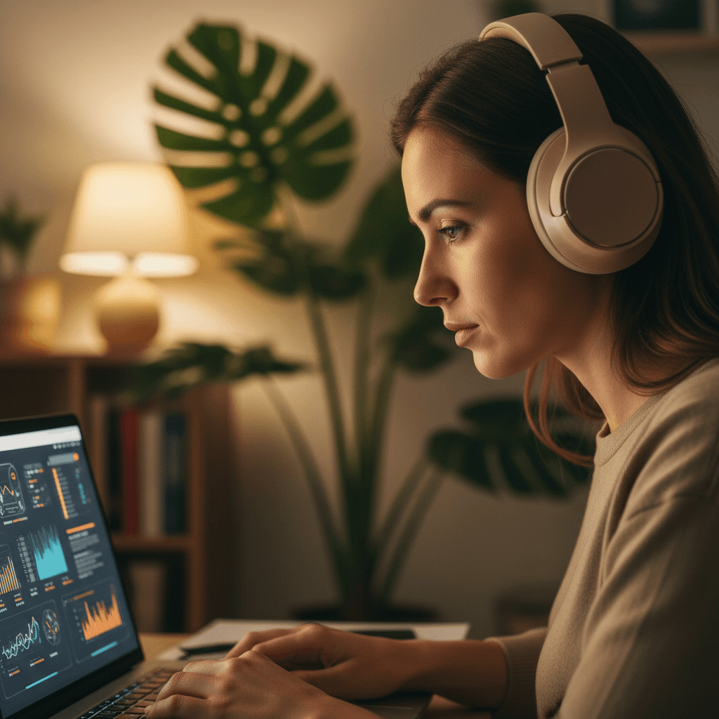 Persona con auriculares concentrada frente a un portátil