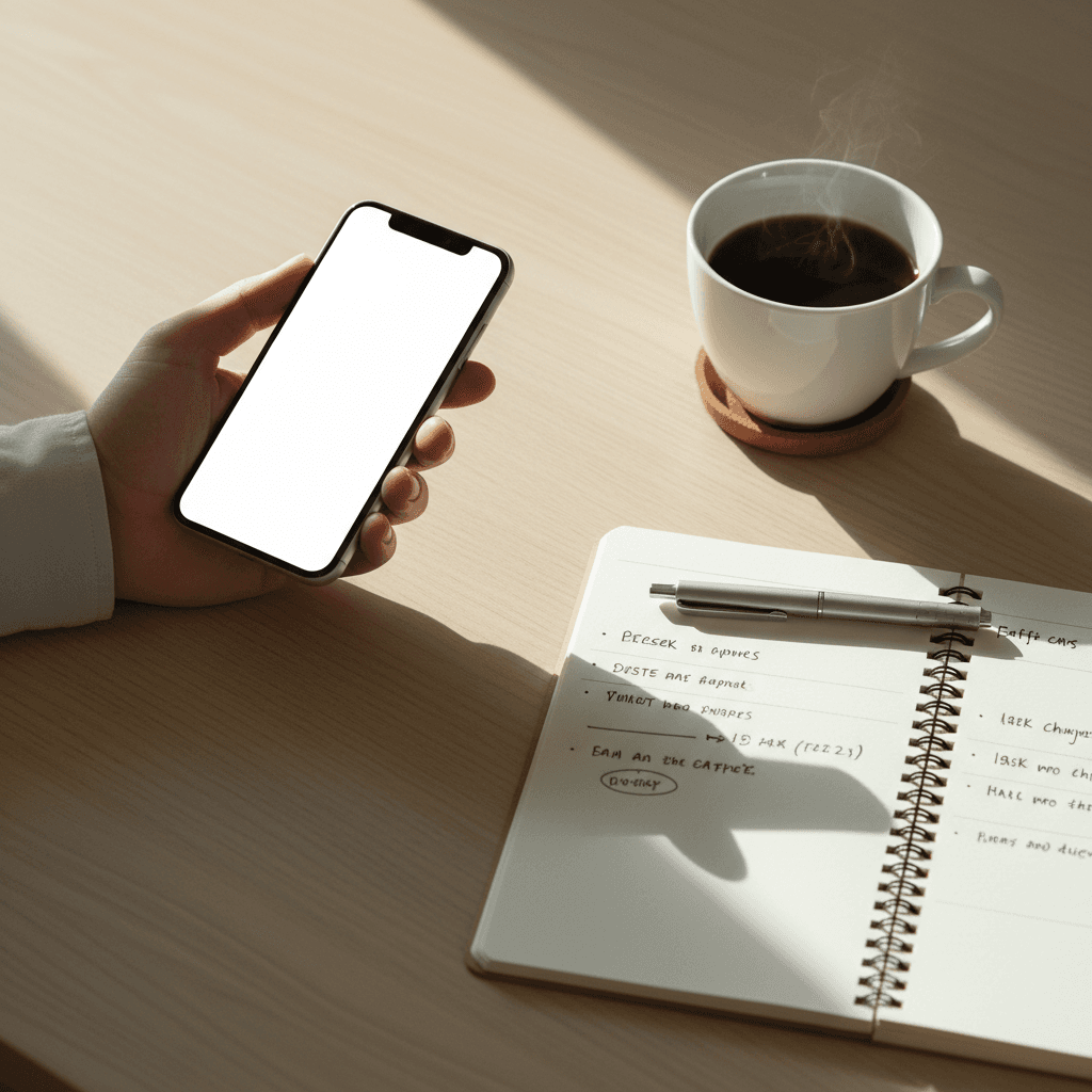 Manos tomando notas junto a un móvil en un escritorio ordenado