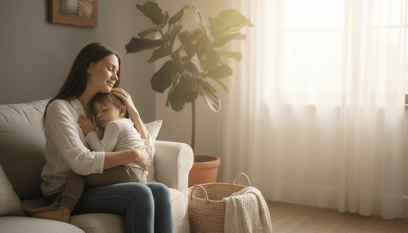 Mother and child seated together on couch in sunlit living room, sharing a calm intimate moment