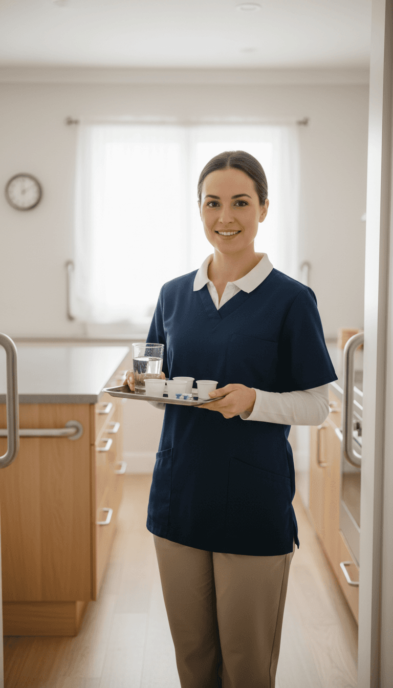 Professional caregiver holding medication tray in modern residential kitchen, ready for medication management